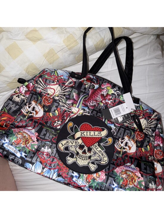 Ed Hardy Handbags - Ed Hardy Love Kills Slowly Tattoo Print Black Shoulder Bag Y2K New Purse Womens